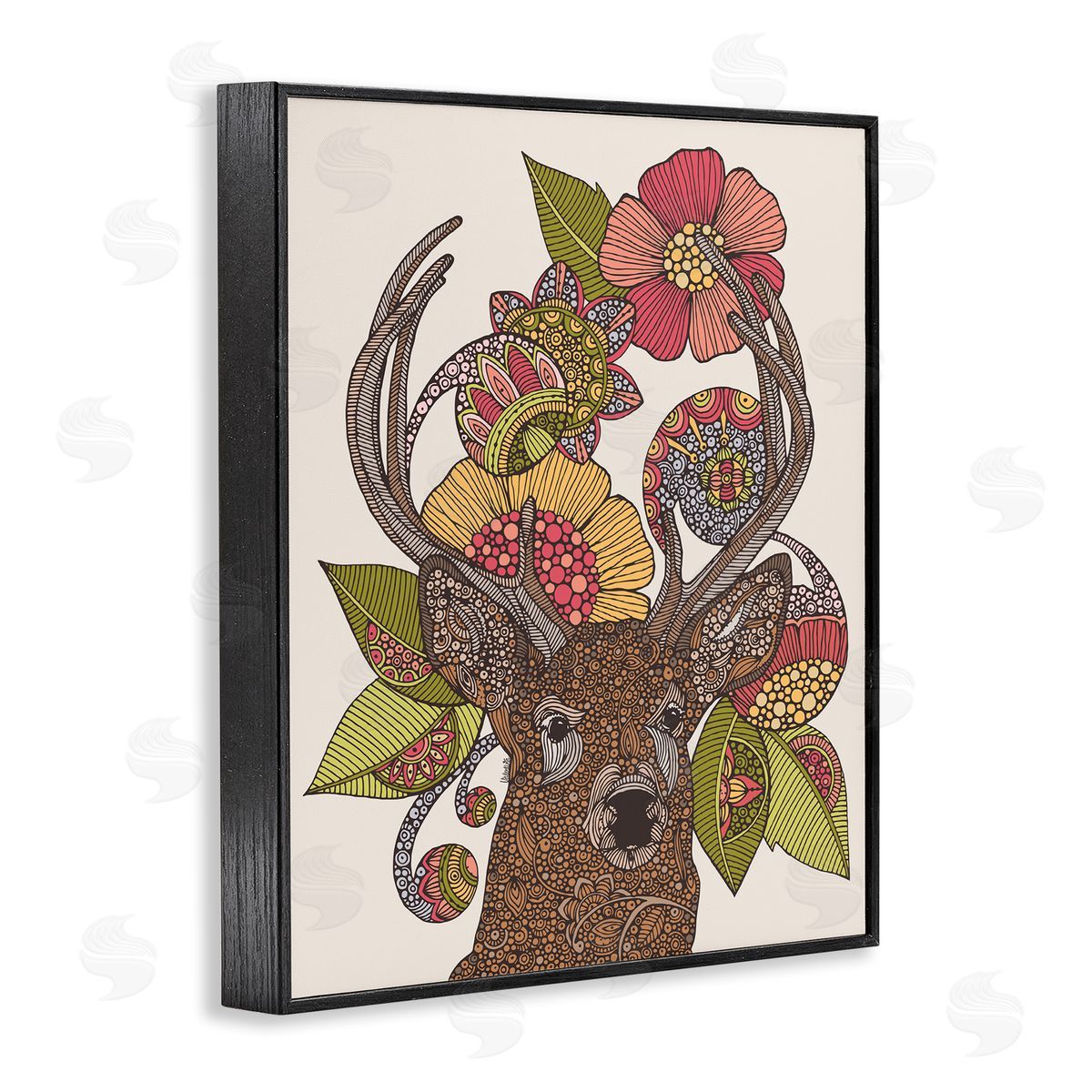 Valentina Harper Detailed Deer Wild Floral Blossoms Mandala Fractals  Black Framed Giclee Wall Art Print