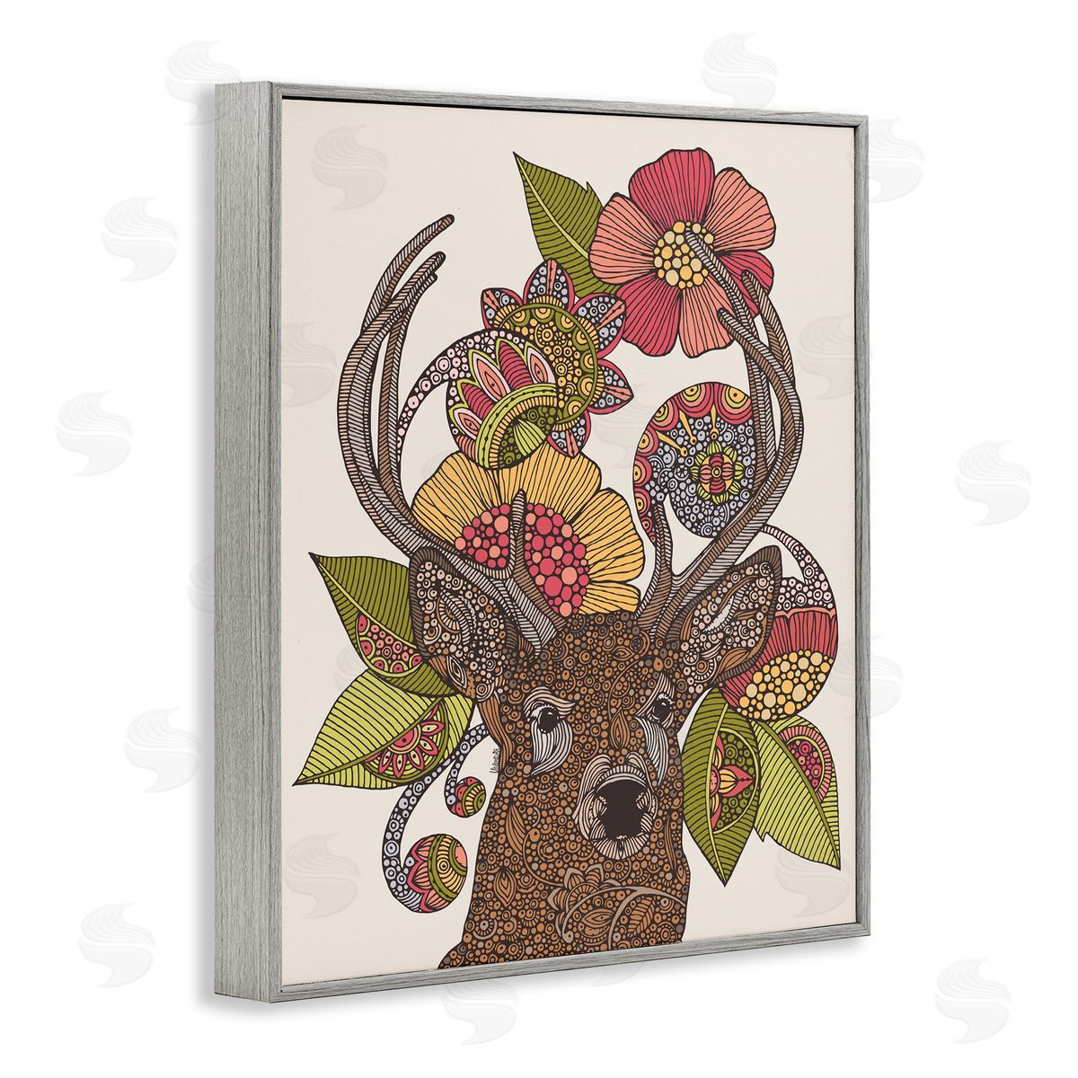 Valentina Harper Detailed Deer Wild Floral Blossoms Mandala Fractals  Gray Framed Giclee Wall Art Print