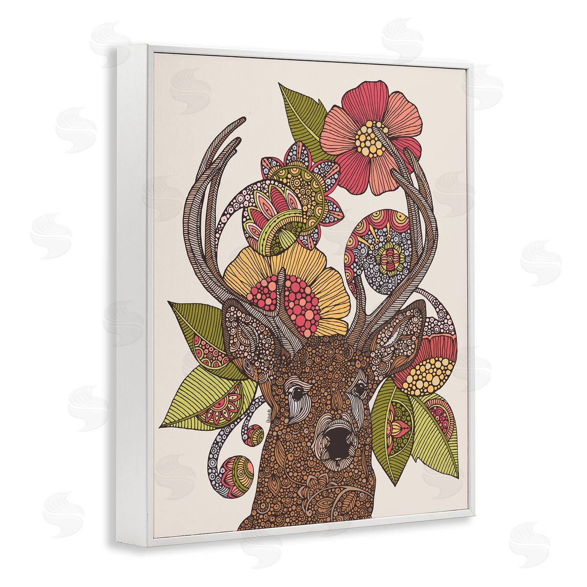Valentina Harper Detailed Deer Wild Floral Blossoms Mandala Fractals  White Framed Giclee Wall Art Print