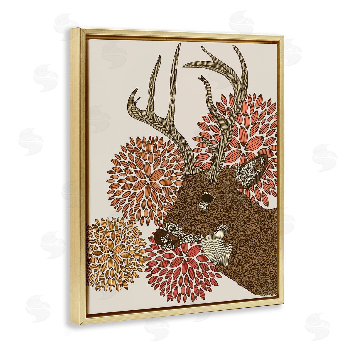 Valentina Harper Buck Deer Abstract Wildlife Botanical Intricate Patterns Gold Floating Frame Canvas Wall Art Print