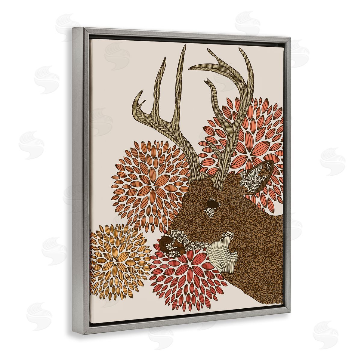 Valentina Harper Buck Deer Abstract Wildlife Botanical Intricate Patterns Gray Floating Frame Canvas Wall Art Print