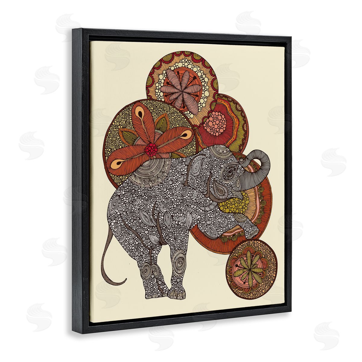 Valentina Harper Elephant & Ball Detailed Mandala Fractals Floral Shapes Black Floating Frame Canvas Wall Art Print