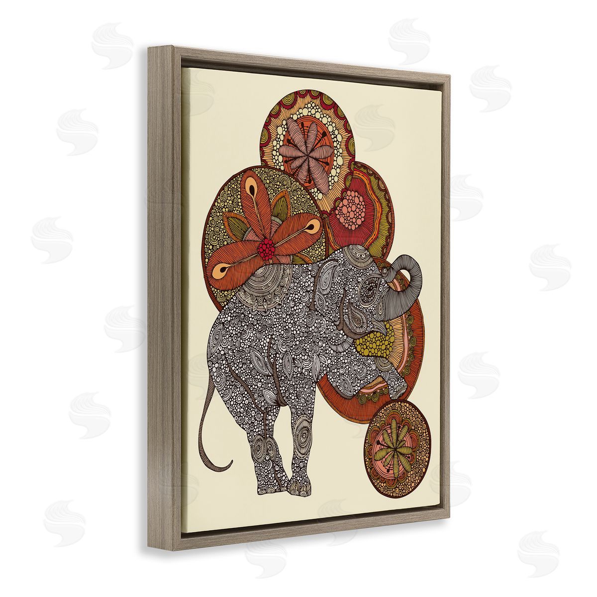 Valentina Harper Elephant & Ball Detailed Mandala Fractals Floral Shapes Brown Floating Frame Canvas Wall Art Print