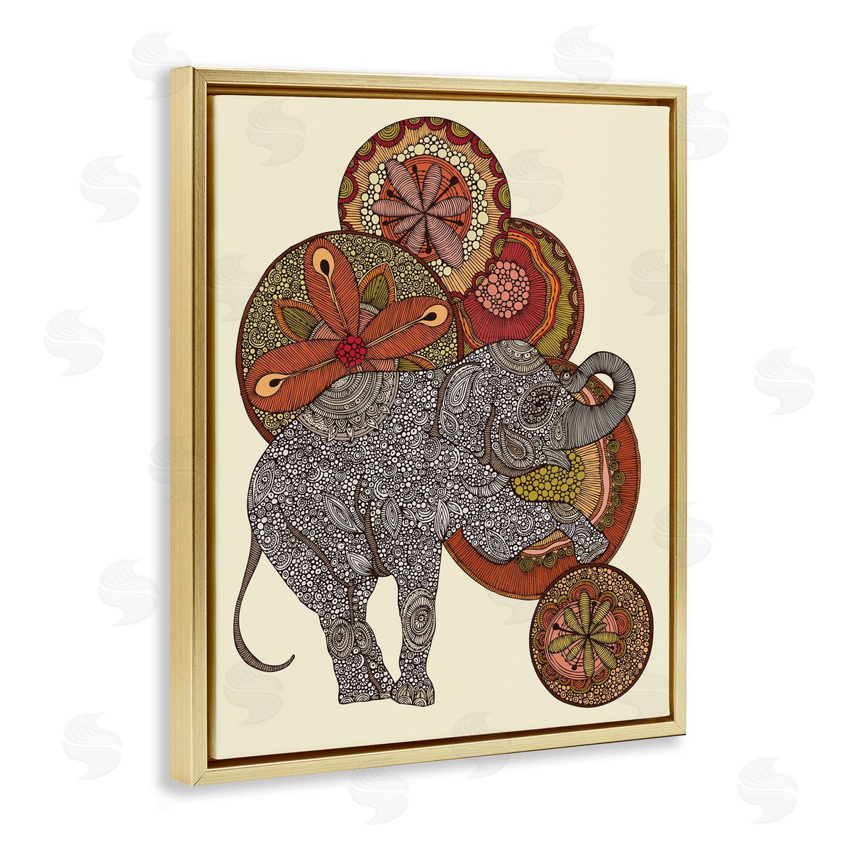 Valentina Harper Elephant & Ball Detailed Mandala Fractals Floral Shapes Gold Floating Frame Canvas Wall Art Print