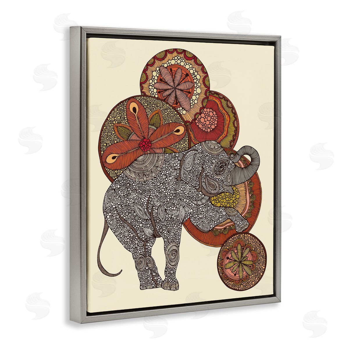 Valentina Harper Elephant & Ball Detailed Mandala Fractals Floral Shapes Gray Floating Frame Canvas Wall Art Print