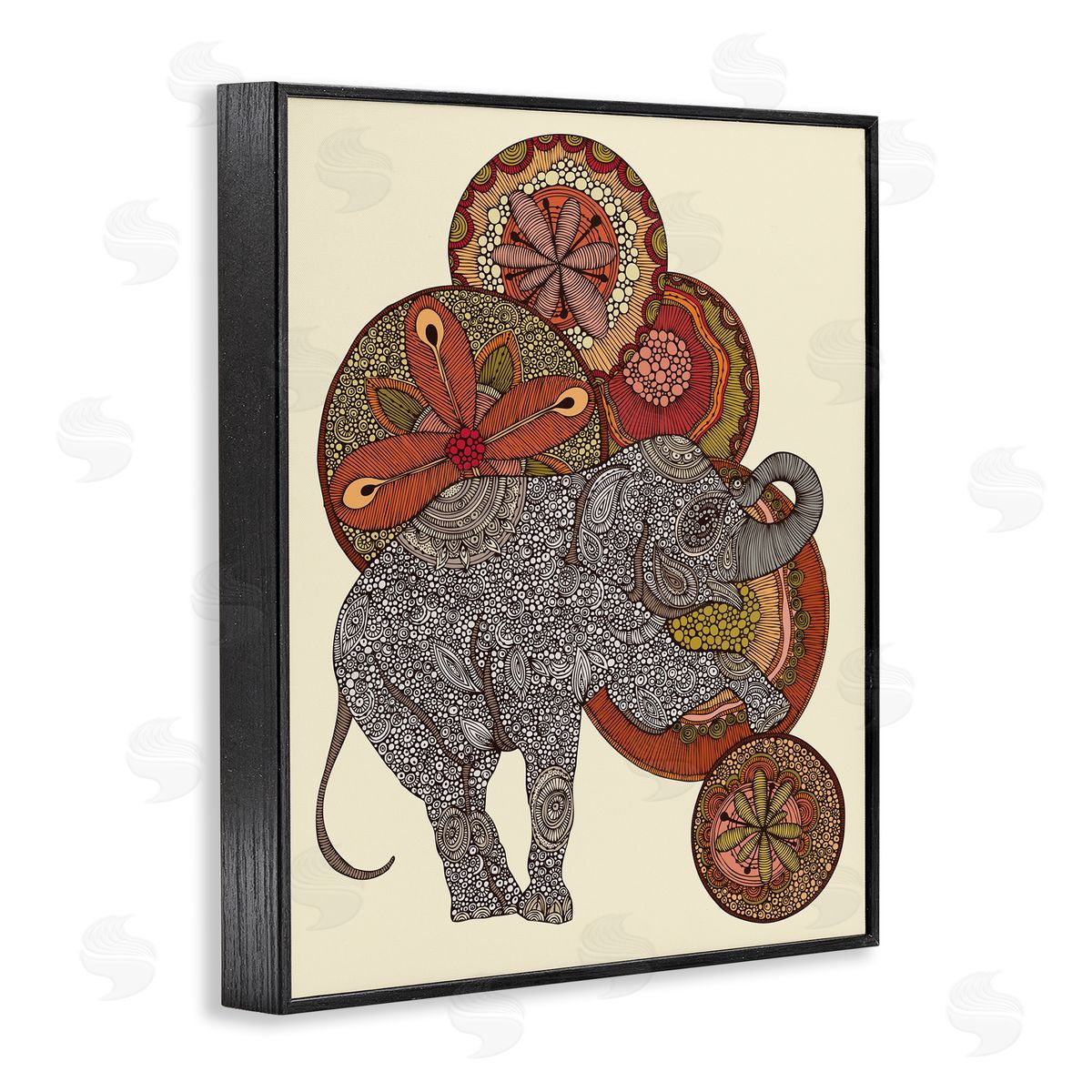 Valentina Harper Elephant & Ball Detailed Mandala Fractals Floral Shapes Black Framed Giclee Wall Art Print