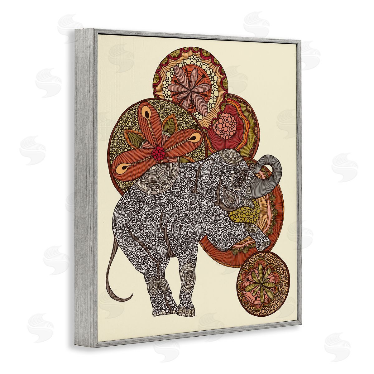 Valentina Harper Elephant & Ball Detailed Mandala Fractals Floral Shapes Gray Framed Giclee Wall Art Print