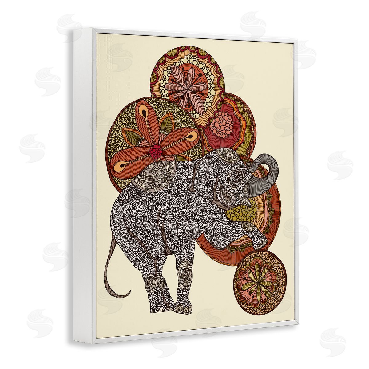 Valentina Harper Elephant & Ball Detailed Mandala Fractals Floral Shapes White Framed Giclee Wall Art Print