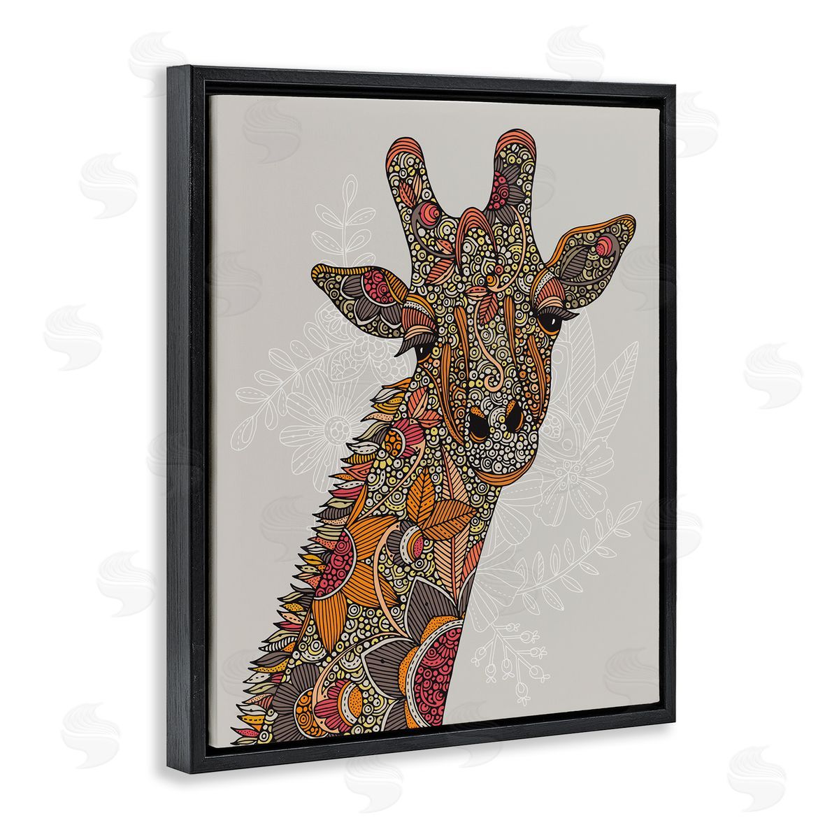 Valentina Harper Pleasant Giraffe Animal Intricate Floral Fractal Details  Black Floating Frame Canvas Wall Art Print