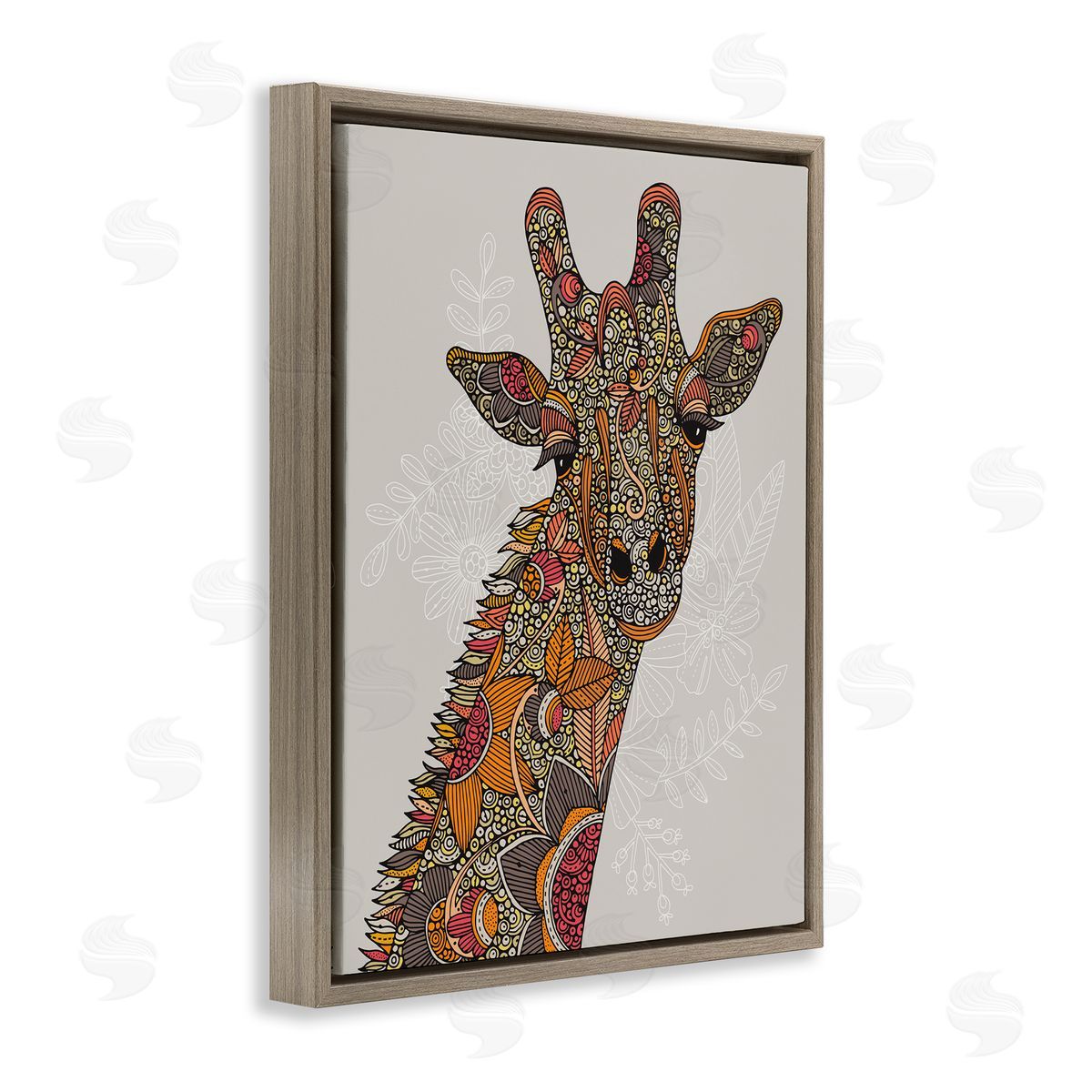 Valentina Harper Pleasant Giraffe Animal Intricate Floral Fractal Details  Brown Floating Frame Canvas Wall Art Print