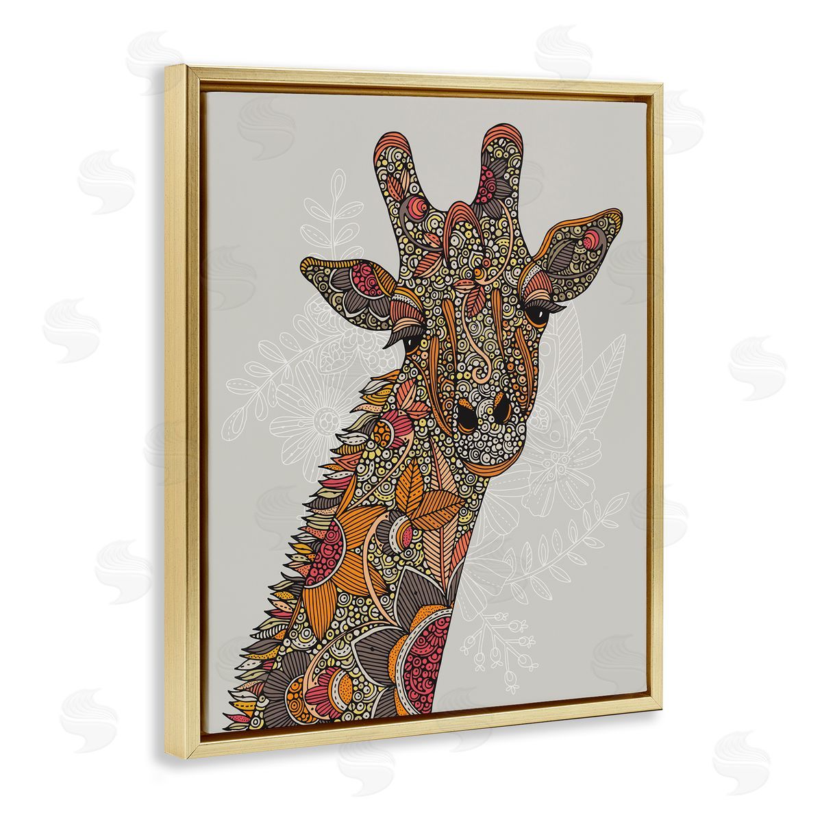 Valentina Harper Pleasant Giraffe Animal Intricate Floral Fractal Details  Gold Floating Frame Canvas Wall Art Print