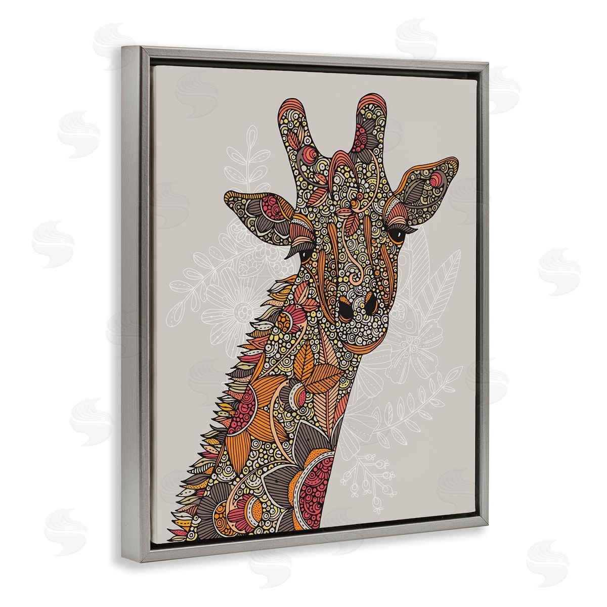 Valentina Harper Pleasant Giraffe Animal Intricate Floral Fractal Details  Gray Floating Frame Canvas Wall Art Print
