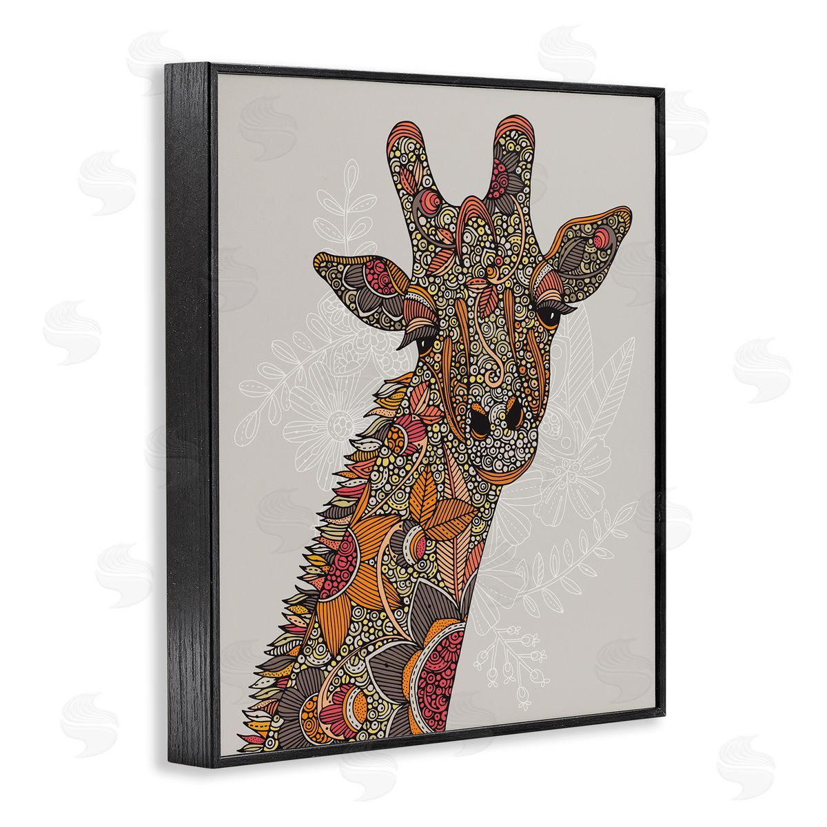 Valentina Harper Pleasant Giraffe Animal Intricate Floral Fractal Details  Black Framed Giclee Wall Art Print