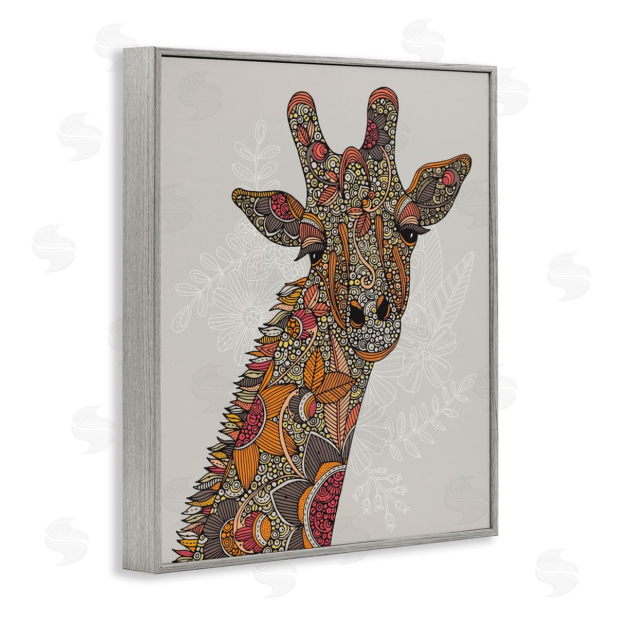 Valentina Harper Pleasant Giraffe Animal Intricate Floral Fractal Details  Gray Framed Giclee Wall Art Print