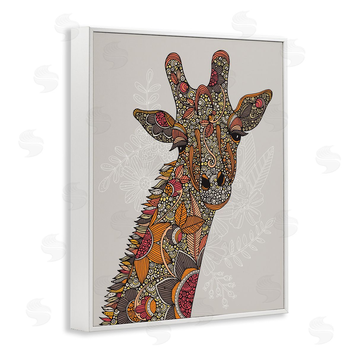 Valentina Harper Pleasant Giraffe Animal Intricate Floral Fractal Details  White Framed Giclee Wall Art Print