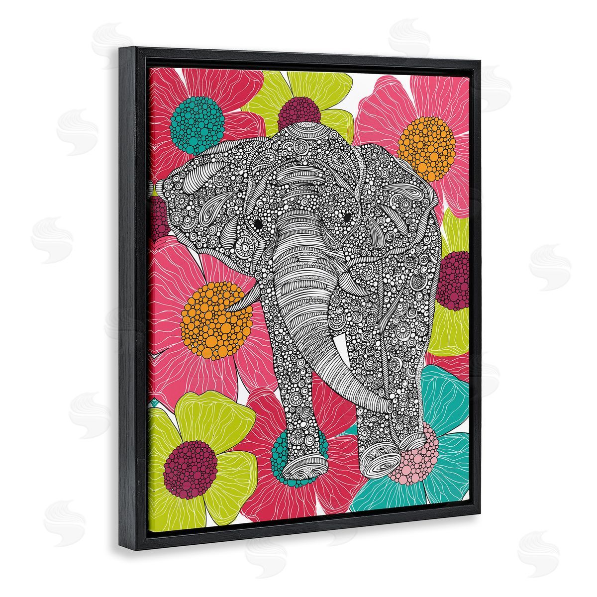 Valentina Harper Bold Modern Elephant Flower Blossoms Intricate Patterns Black Floating Frame Canvas Wall Art Print