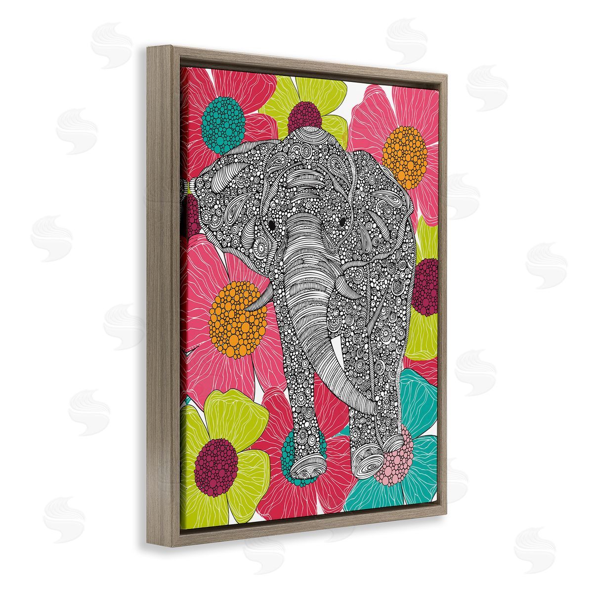 Valentina Harper Bold Modern Elephant Flower Blossoms Intricate Patterns Brown Floating Frame Canvas Wall Art Print