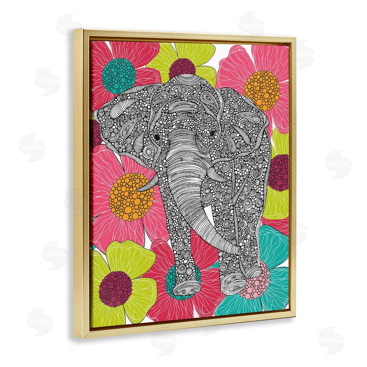 Valentina Harper Bold Modern Elephant Flower Blossoms Intricate Patterns Gold Floating Frame Canvas Wall Art Print