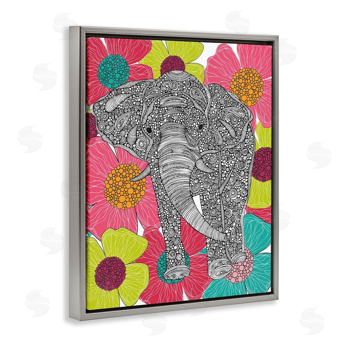 Valentina Harper Bold Modern Elephant Flower Blossoms Intricate Patterns Gray Floating Frame Canvas Wall Art Print