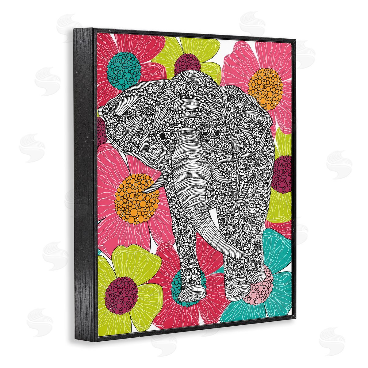 Valentina Harper Bold Modern Elephant Flower Blossoms Intricate Patterns Black Framed Giclee Wall Art Print