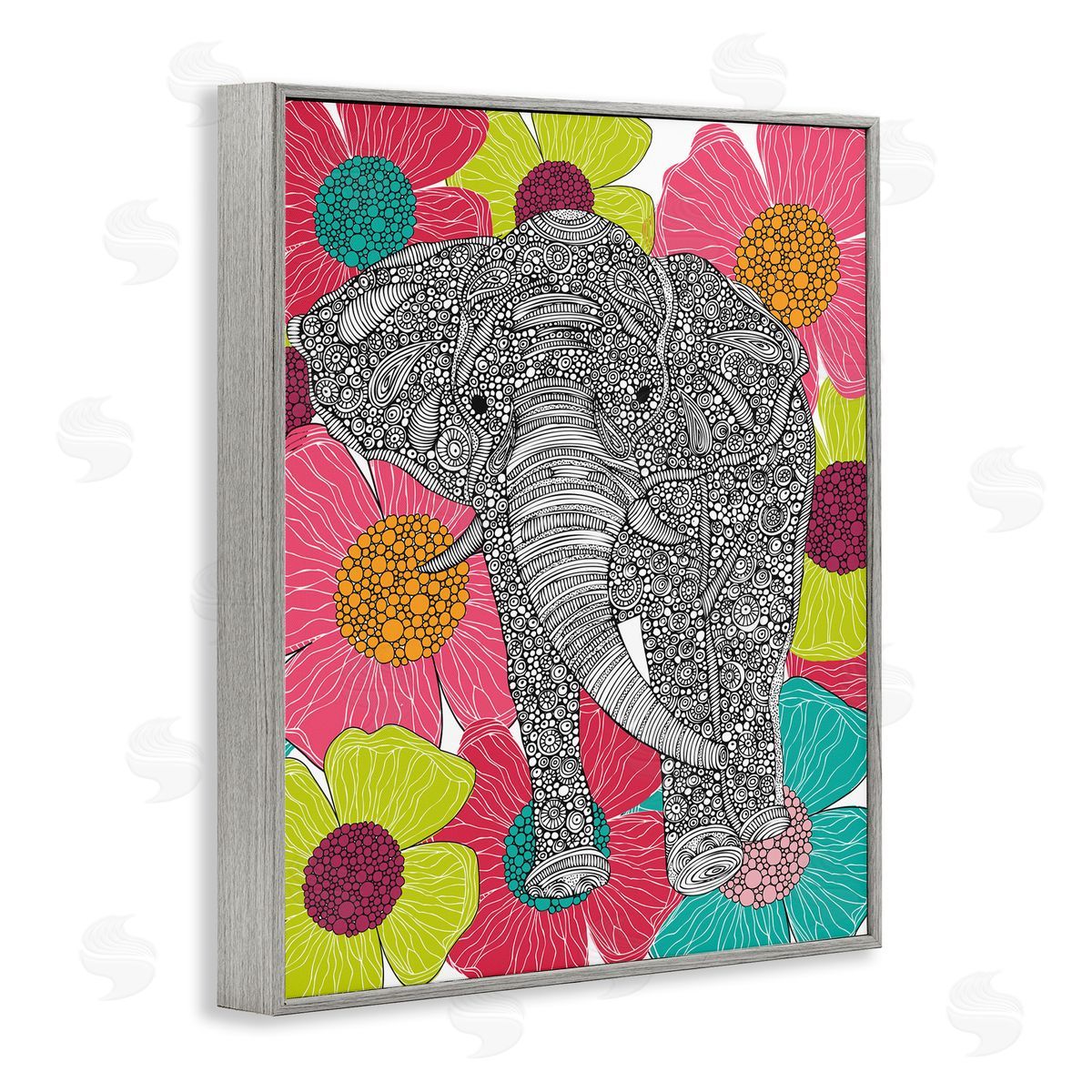 Valentina Harper Bold Modern Elephant Flower Blossoms Intricate Patterns Gray Framed Giclee Wall Art Print