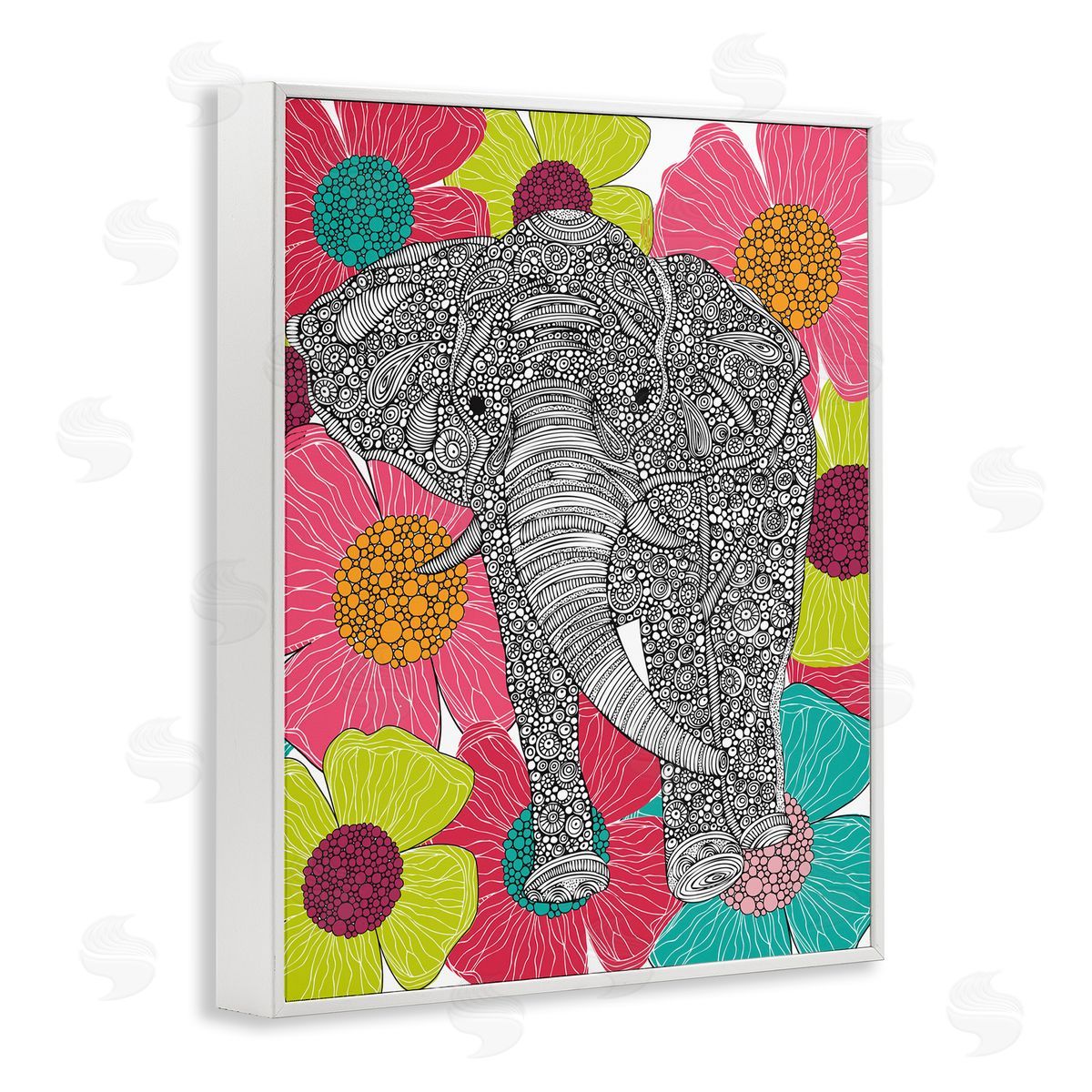 Valentina Harper Bold Modern Elephant Flower Blossoms Intricate Patterns White Framed Giclee Wall Art Print