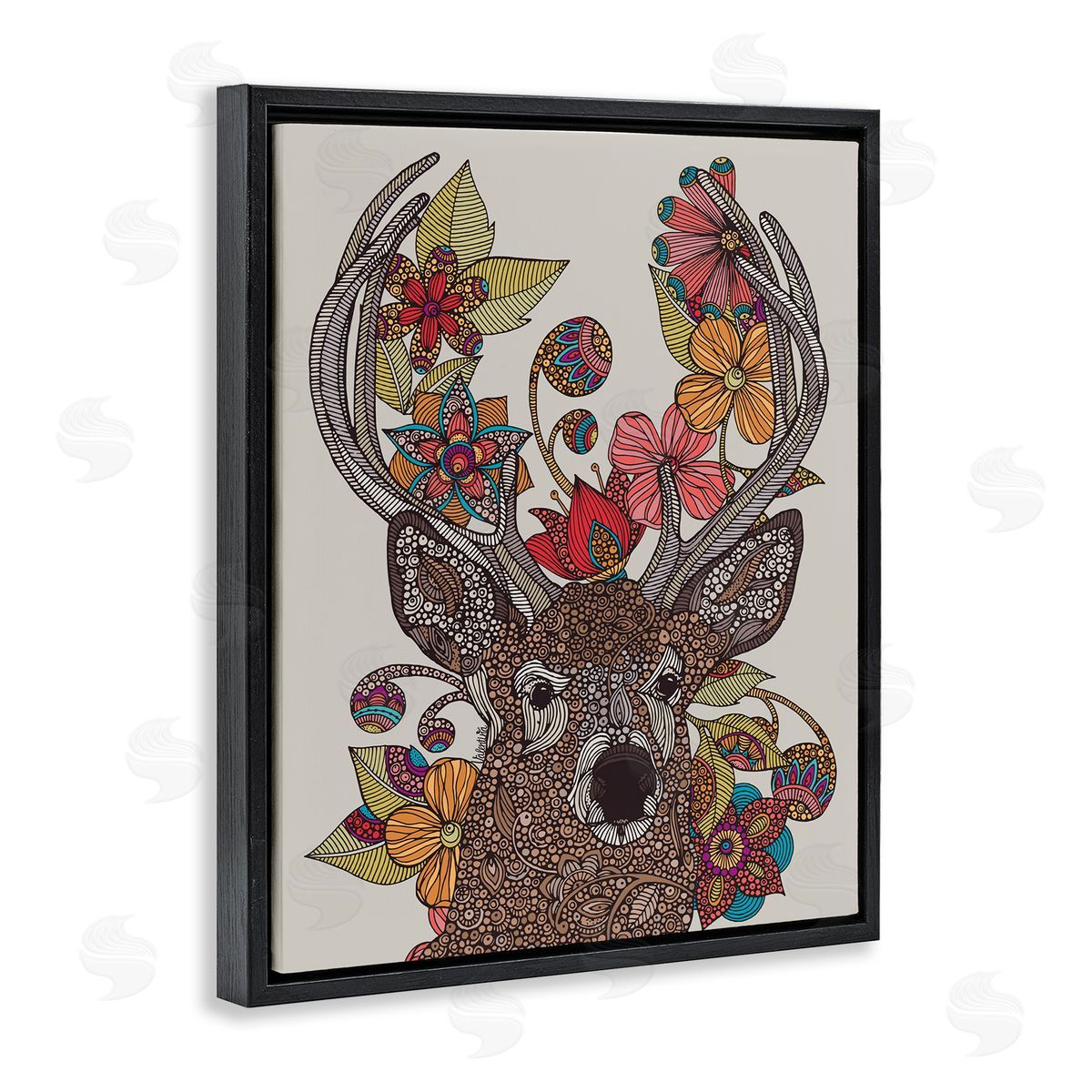 Valentina Harper Buck Deer Portrait Interwoven Flower Mandala Fractals Black Floating Frame Canvas Wall Art Print