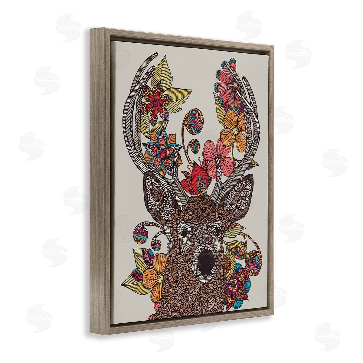 Valentina Harper Buck Deer Portrait Interwoven Flower Mandala Fractals Brown Floating Frame Canvas Wall Art Print