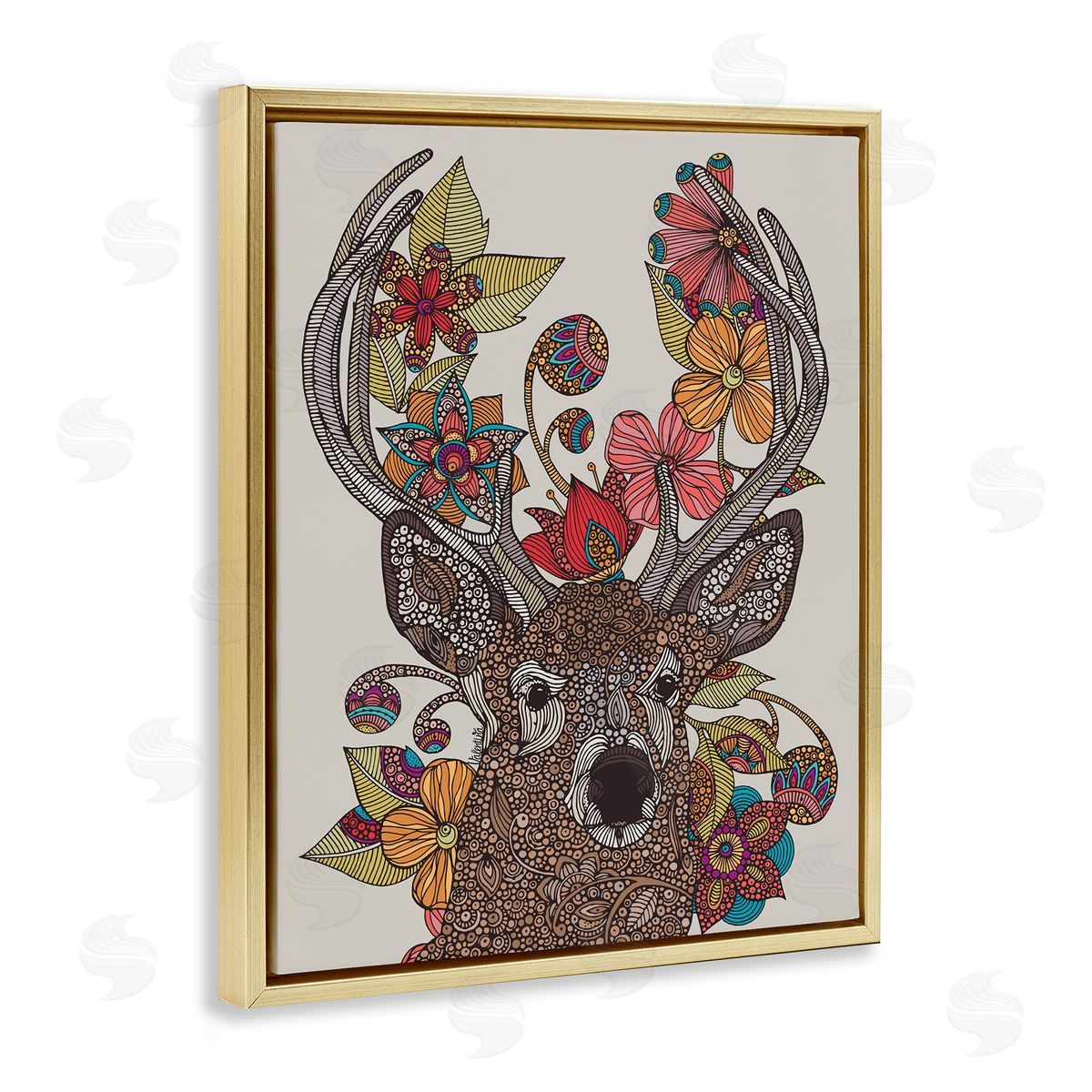 Valentina Harper Buck Deer Portrait Interwoven Flower Mandala Fractals Gold Floating Frame Canvas Wall Art Print