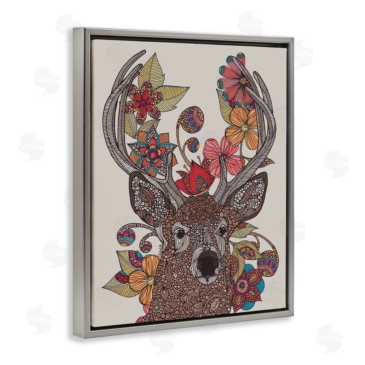Valentina Harper Buck Deer Portrait Interwoven Flower Mandala Fractals Gray Floating Frame Canvas Wall Art Print