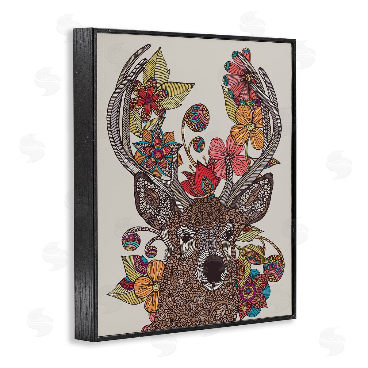 Valentina Harper Buck Deer Portrait Interwoven Flower Mandala Fractals Black Framed Giclee Wall Art Print