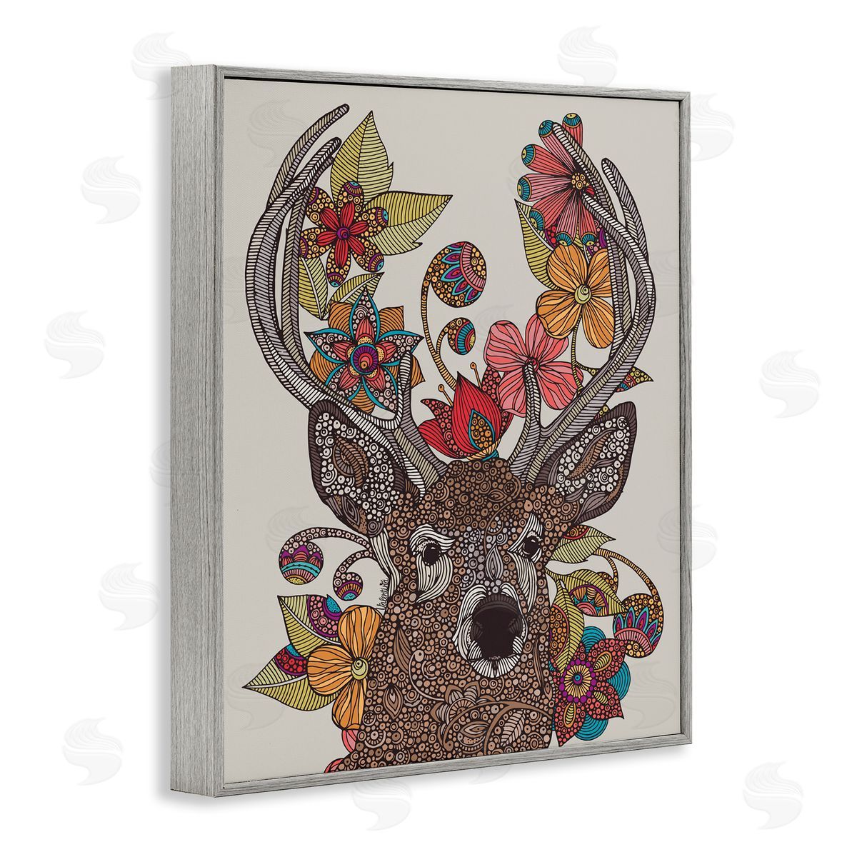 Valentina Harper Buck Deer Portrait Interwoven Flower Mandala Fractals Gray Framed Giclee Wall Art Print