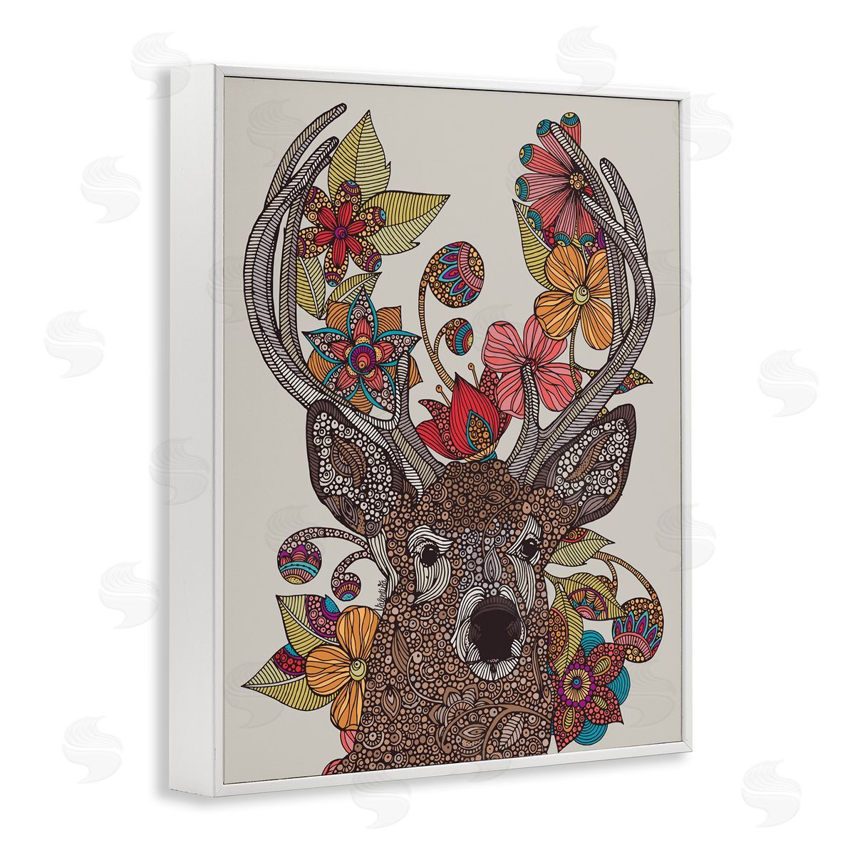 Valentina Harper Buck Deer Portrait Interwoven Flower Mandala Fractals White Framed Giclee Wall Art Print
