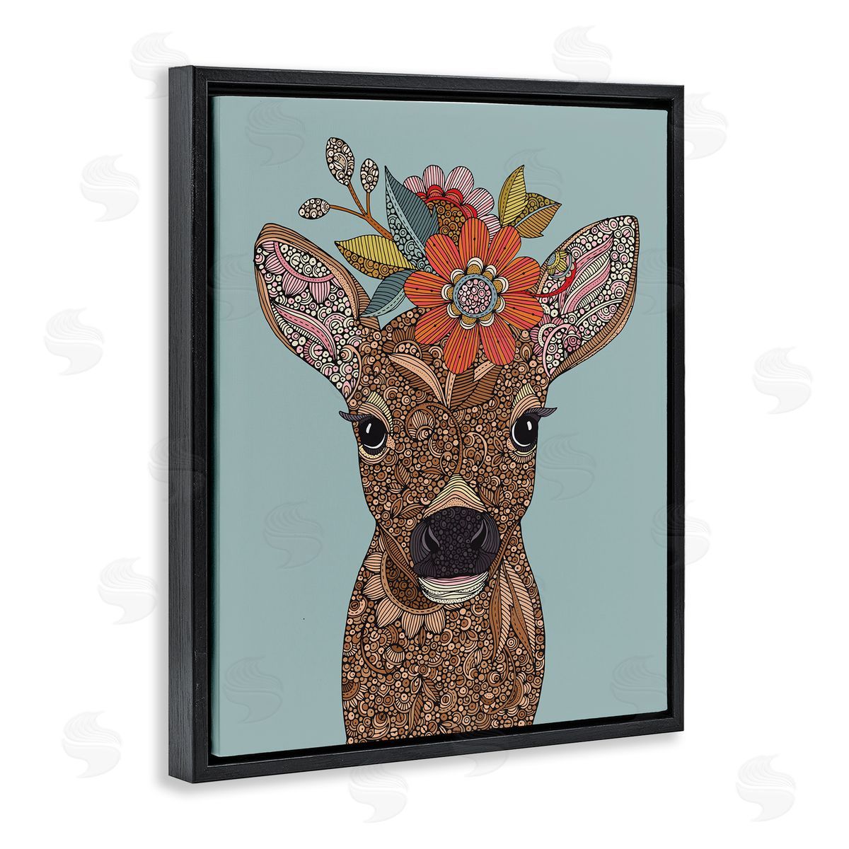 Valentina Harper Baby Deer Fawn Flower Crown Intricate Paisleys Black Floating Frame Canvas Wall Art Print
