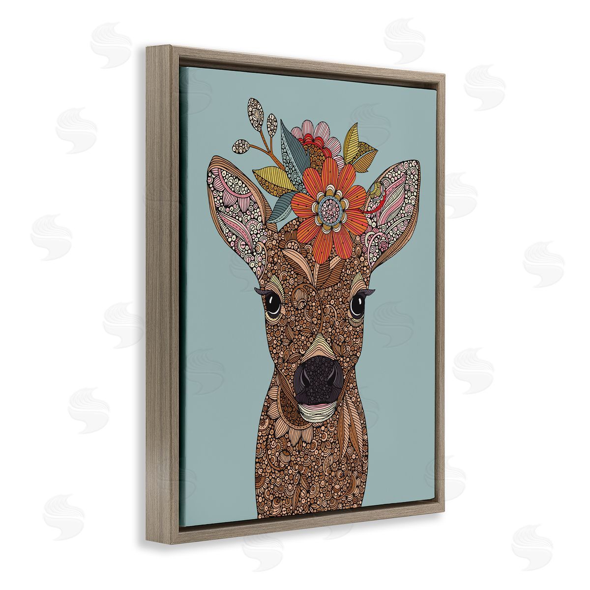 Valentina Harper Baby Deer Fawn Flower Crown Intricate Paisleys Brown Floating Frame Canvas Wall Art Print