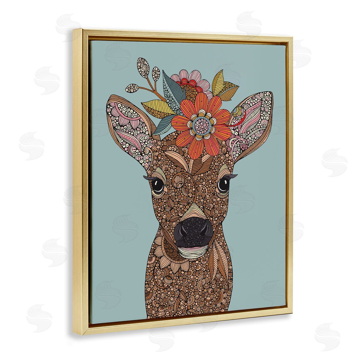 Valentina Harper Baby Deer Fawn Flower Crown Intricate Paisleys Gold Floating Frame Canvas Wall Art Print