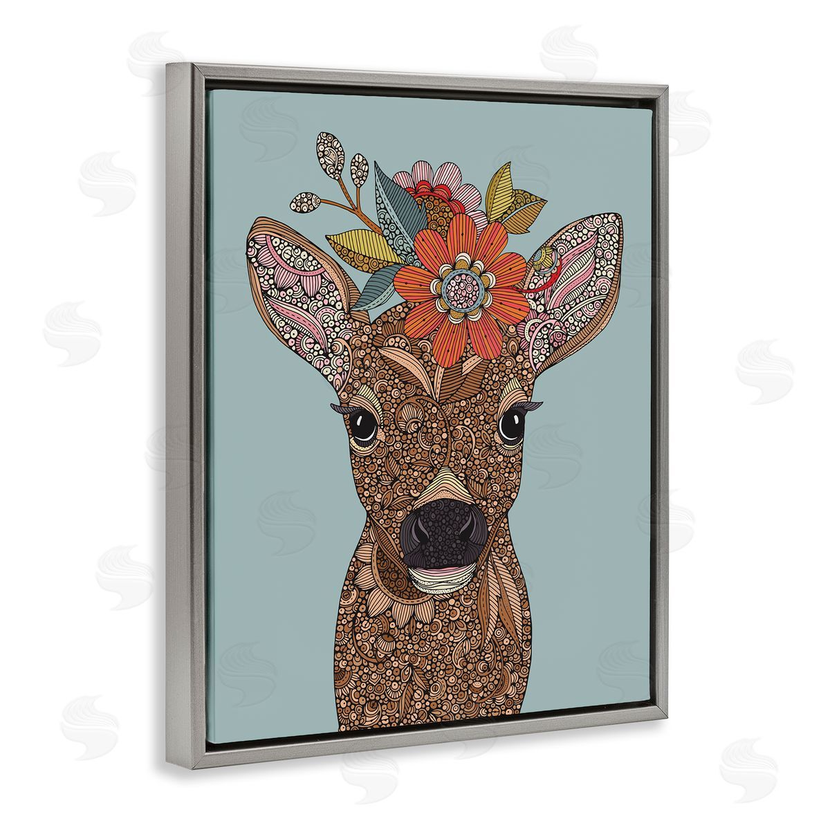 Valentina Harper Baby Deer Fawn Flower Crown Intricate Paisleys Gray Floating Frame Canvas Wall Art Print