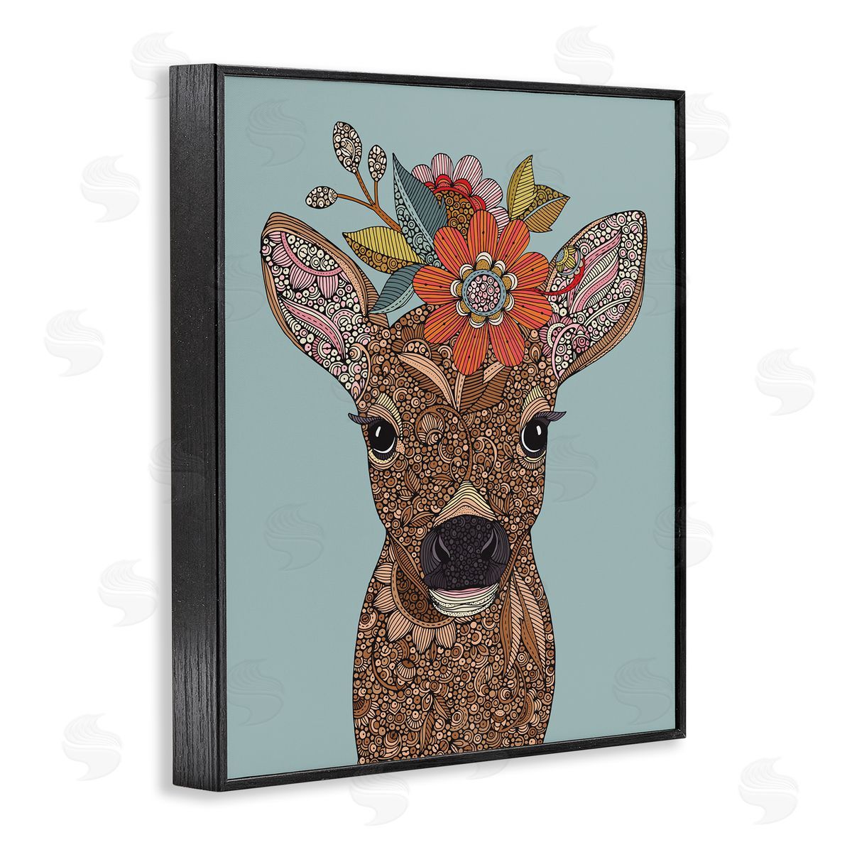 Valentina Harper Baby Deer Fawn Flower Crown Intricate Paisleys Black Framed Giclee Wall Art Print