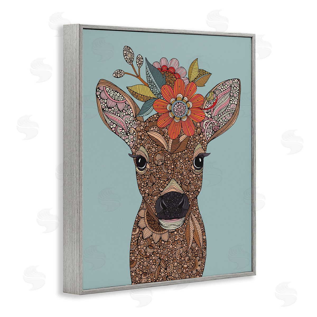 Valentina Harper Baby Deer Fawn Flower Crown Intricate Paisleys Gray Framed Giclee Wall Art Print