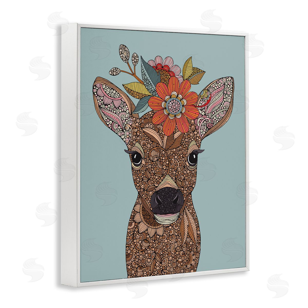 Valentina Harper Baby Deer Fawn Flower Crown Intricate Paisleys White Framed Giclee Wall Art Print