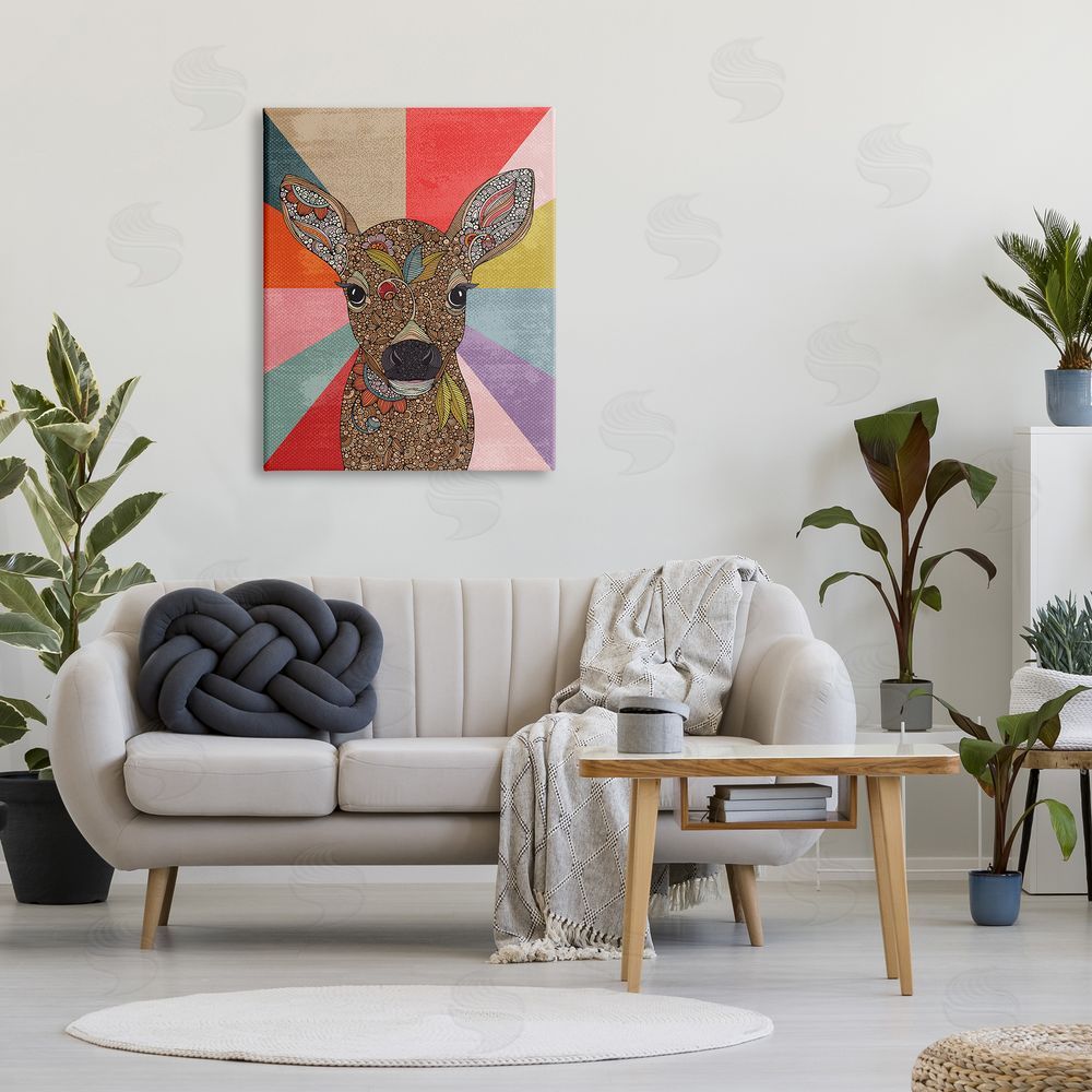Valentina Harper Detailed Fawn Pop Stripes Floral Patterns Canvas Wall Art Print in Room