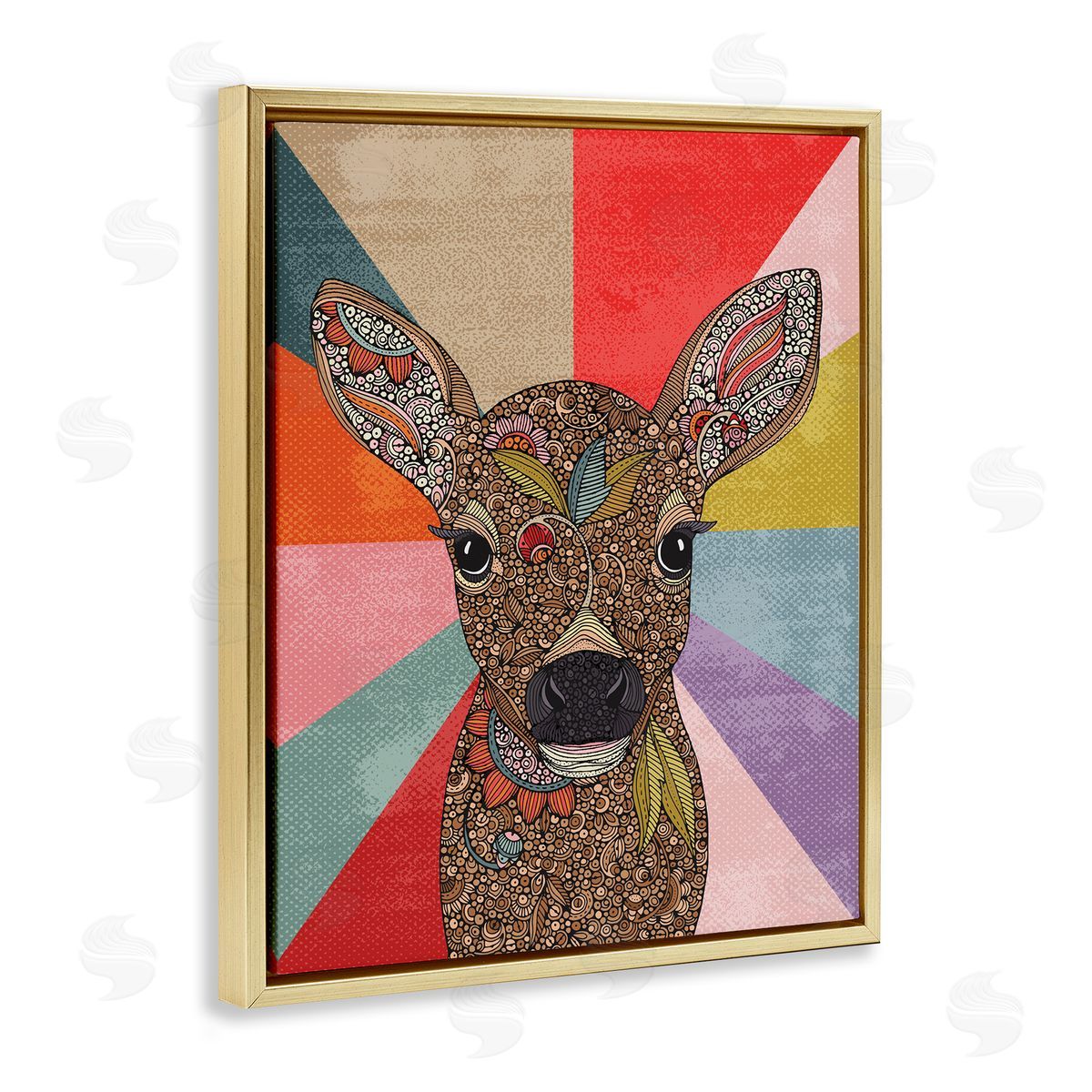 Valentina Harper Detailed Fawn Pop Stripes Floral Patterns Gold Floating Frame Canvas Wall Art Print