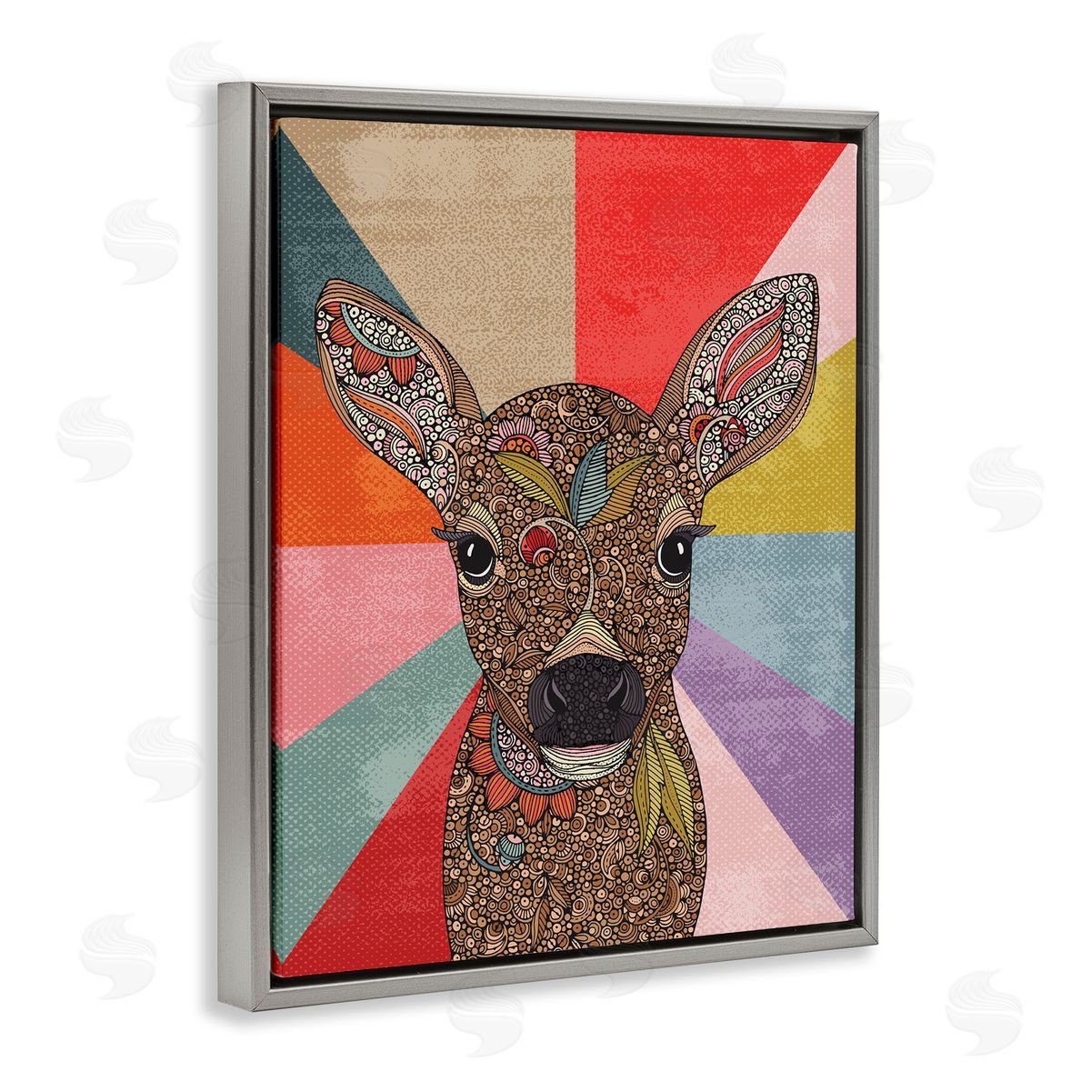Valentina Harper Detailed Fawn Pop Stripes Floral Patterns Gray Floating Frame Canvas Wall Art Print