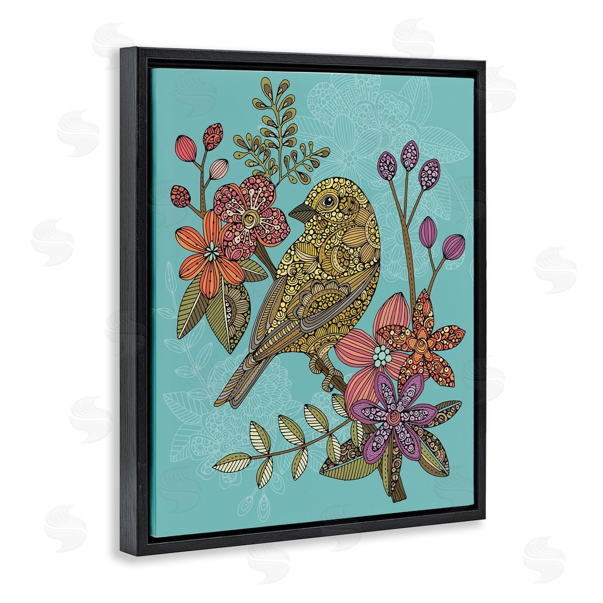 Valentina Harper Finch Perched Flower Branch Intricate Patterns Black Floating Frame Canvas Wall Art Print