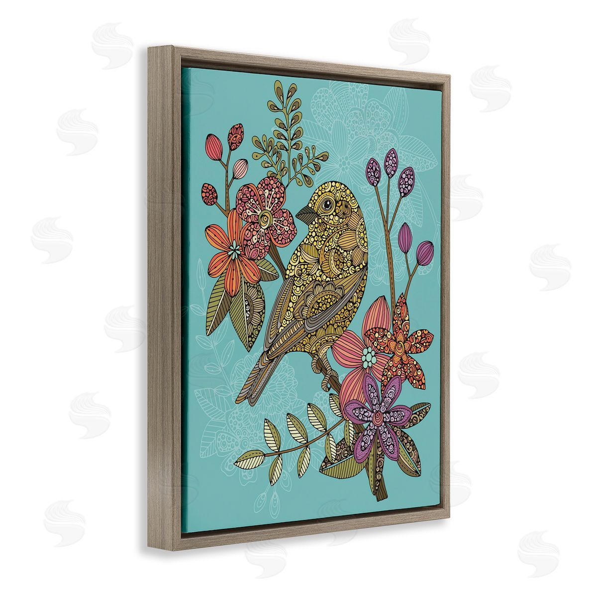 Valentina Harper Finch Perched Flower Branch Intricate Patterns Brown Floating Frame Canvas Wall Art Print
