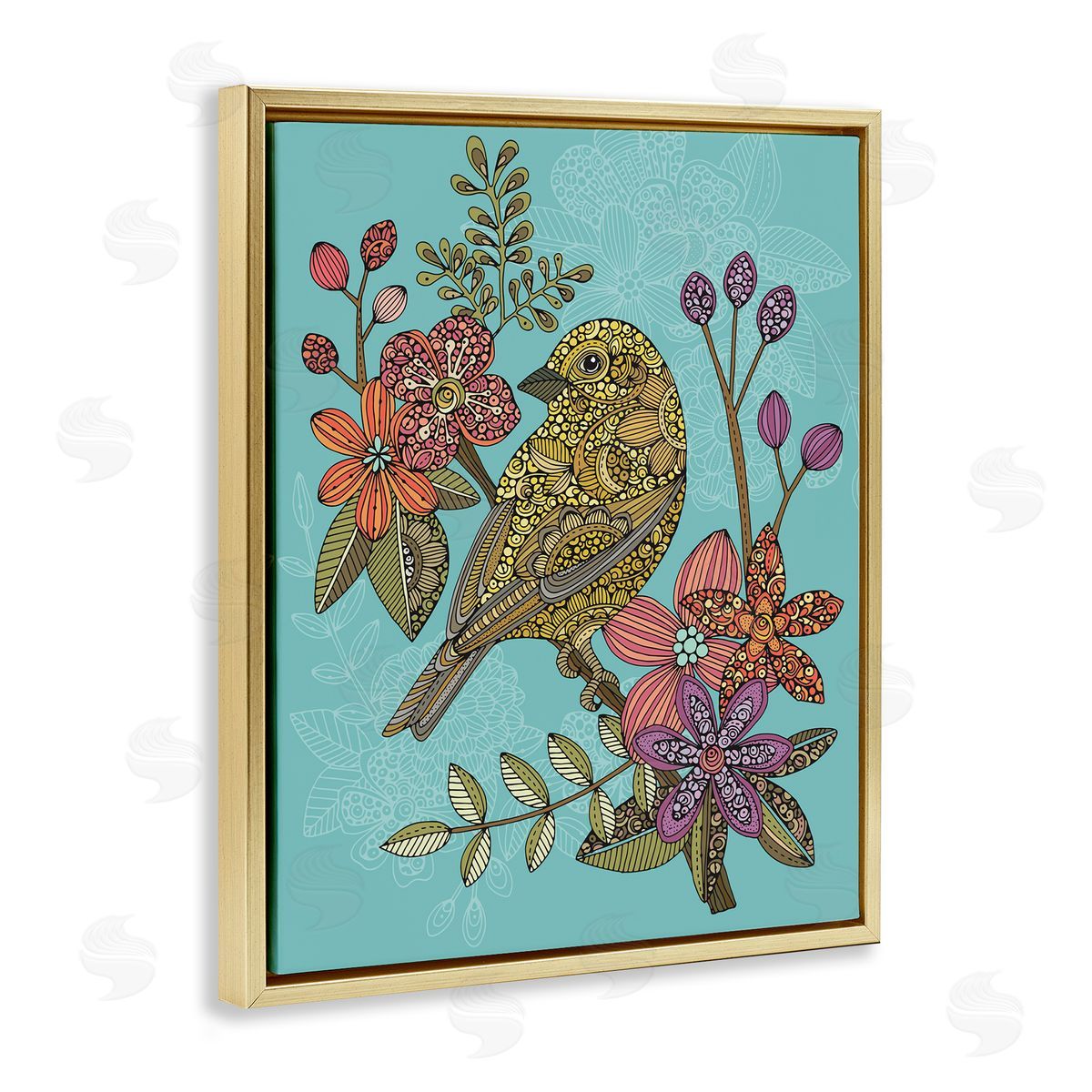 Valentina Harper Finch Perched Flower Branch Intricate Patterns Gold Floating Frame Canvas Wall Art Print