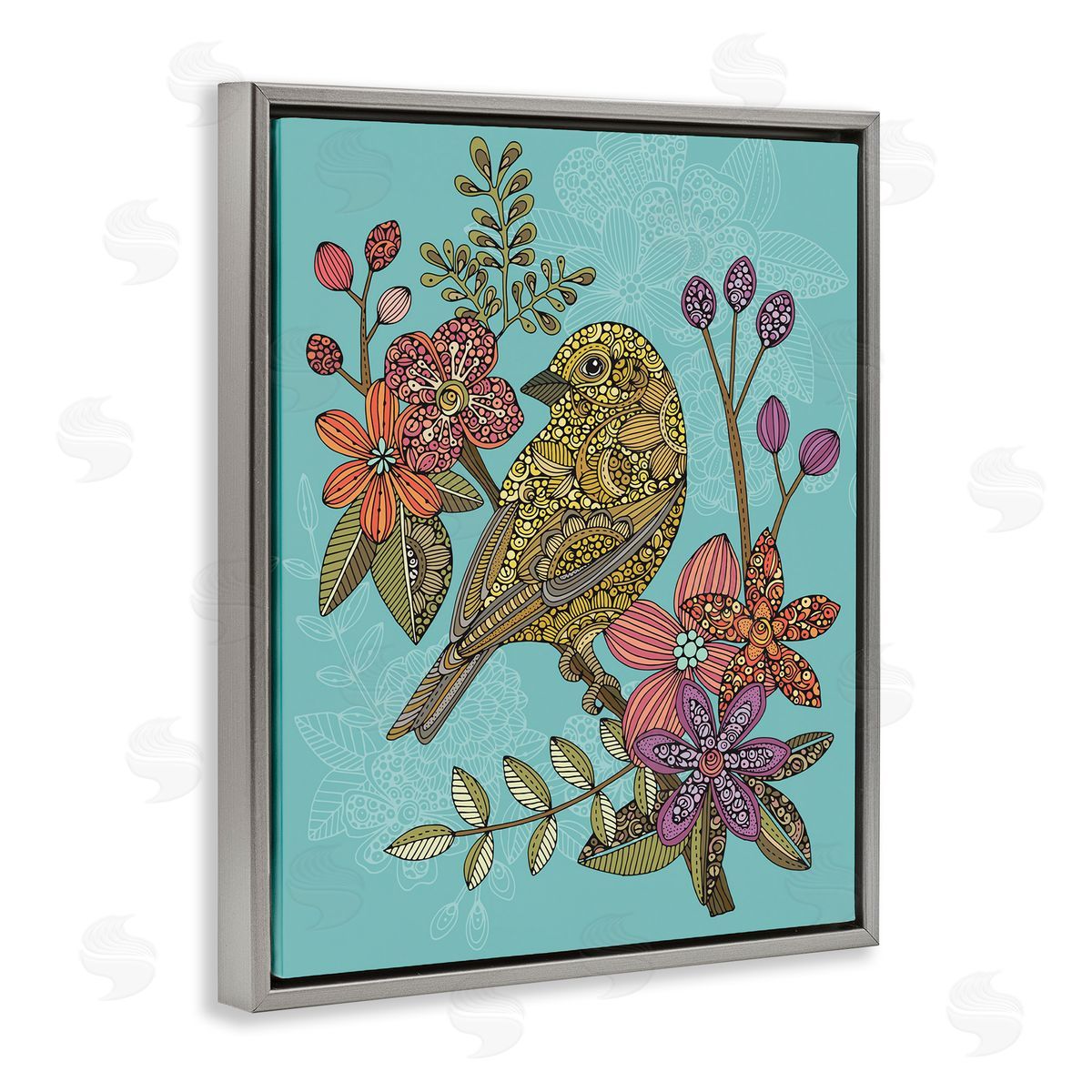 Valentina Harper Finch Perched Flower Branch Intricate Patterns Gray Floating Frame Canvas Wall Art Print