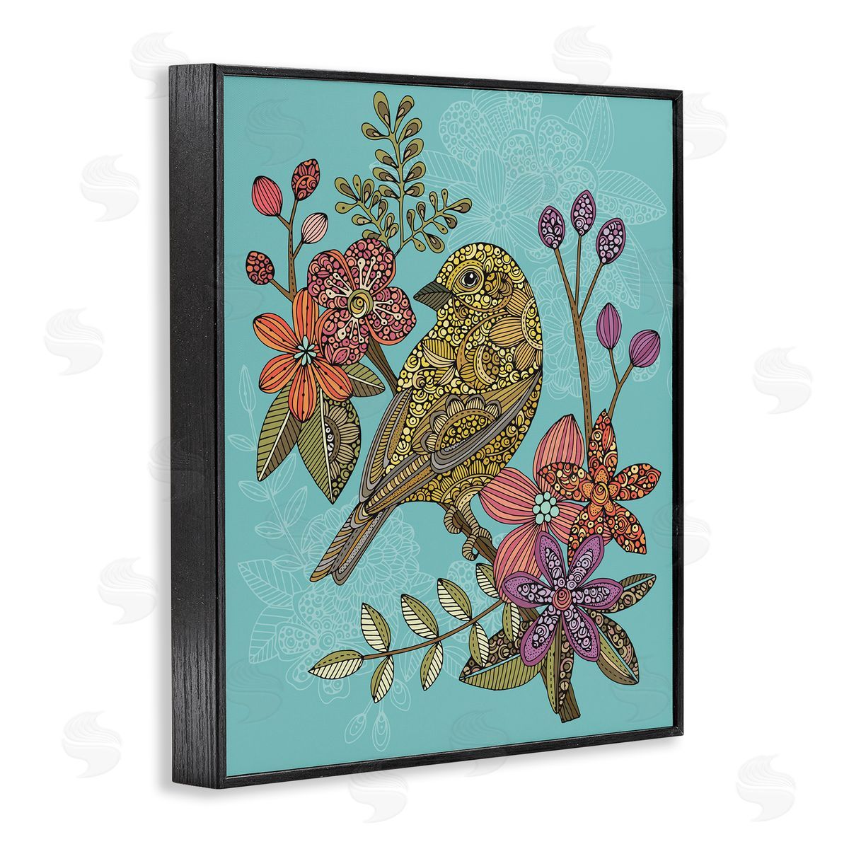 Valentina Harper Finch Perched Flower Branch Intricate Patterns Black Framed Giclee Wall Art Print