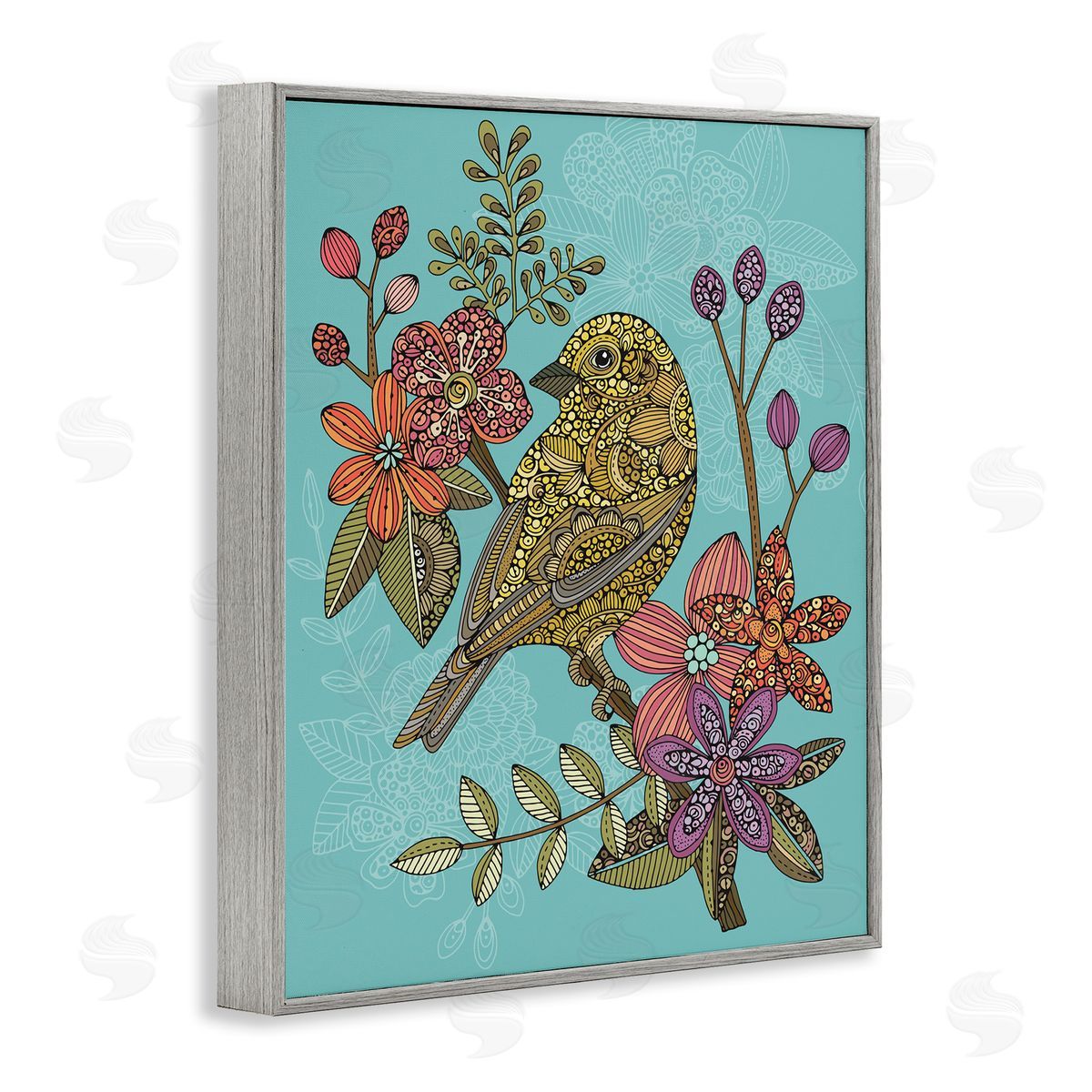 Valentina Harper Finch Perched Flower Branch Intricate Patterns Gray Framed Giclee Wall Art Print