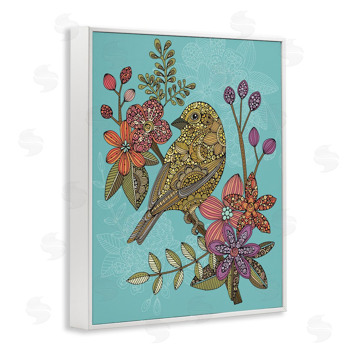 Valentina Harper Finch Perched Flower Branch Intricate Patterns White Framed Giclee Wall Art Print